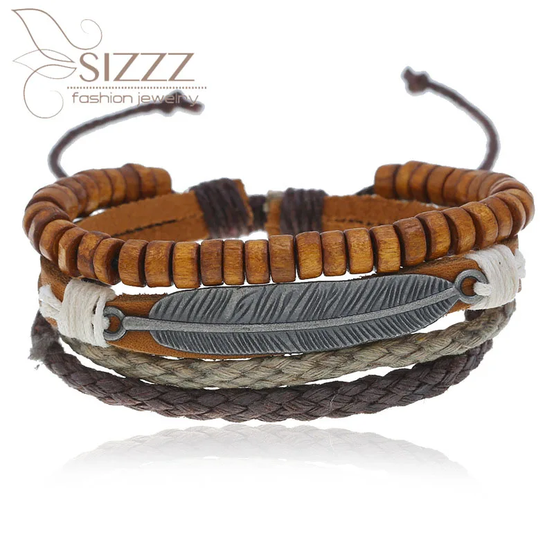SIZZZ Прямая с фабрики Ретро многослойный сплав перо браслет из деревянных бусин& Браслеты для женщин/мужчин