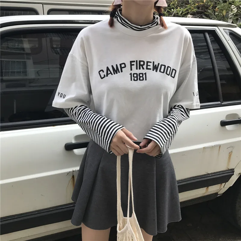 Women's T-shirts Tunic Kawaii Ladies Vintages Triped Long Sleeve T-shirt Female Ulzzang Harajuku Tee For Women Casual Top