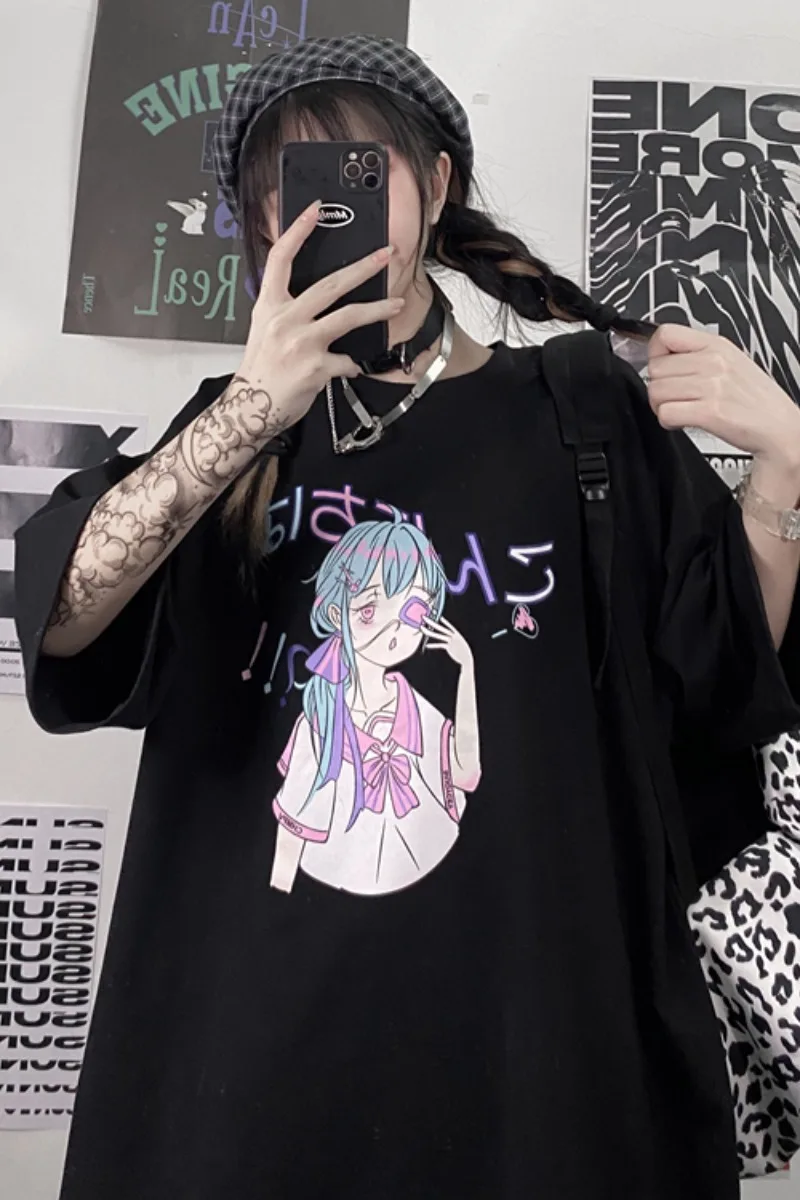 

WHOHOLL Women Short Sleeve Tshirts Top Female Summer 2021 Harajuku Funny Cartoon Girl Print Loose O-Neck T-shirt