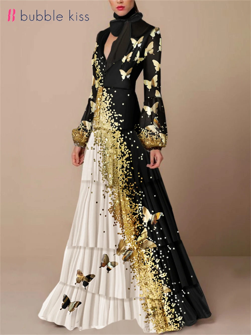 

BubbleKiss Spring Autumn Women Dress Fashion Gold Butterfly Print V-neck Long Sleeved Elegant Floor-Length Dress Female Party
