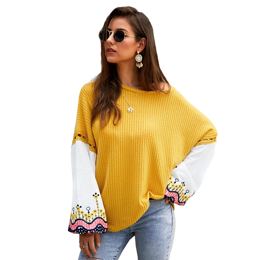 Женский топ с вышивкой в стиле пэчворк свитер повседневный пуловер верхняя