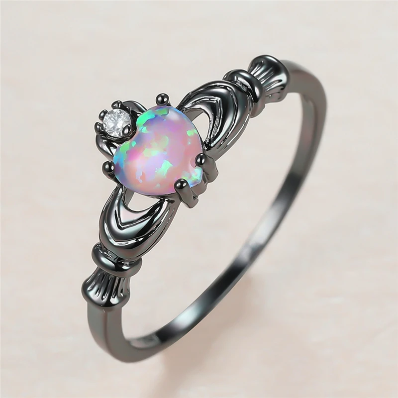 

Cute Female Purple Heart Opal Ring Charm 14KT Black Gold Wedding Rings For Women Luxury Bride Round Zircon Engagement Ring