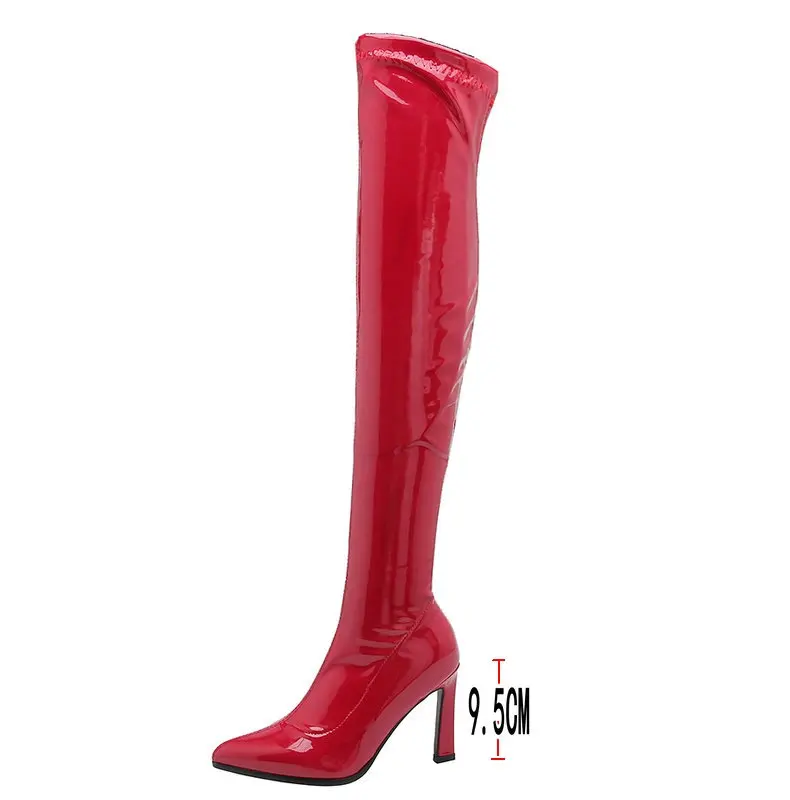 Красные черные облегающие сапоги Женские роскошные эластичные из лакированной