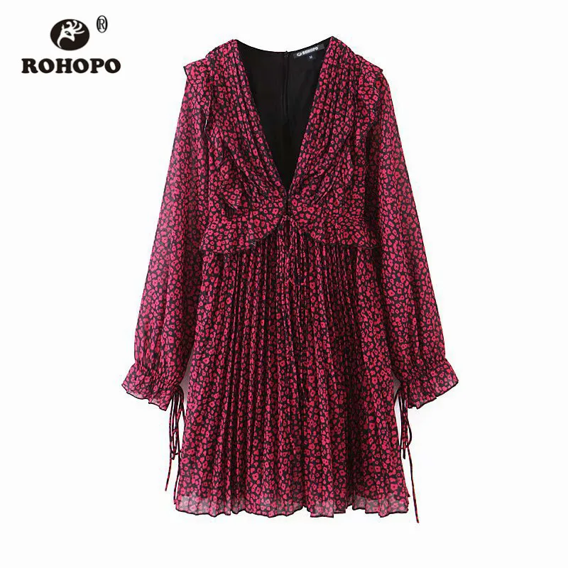 ROHOPO v образный вырез длинный рукав цветочный рисунок Мини шифоновое платье
