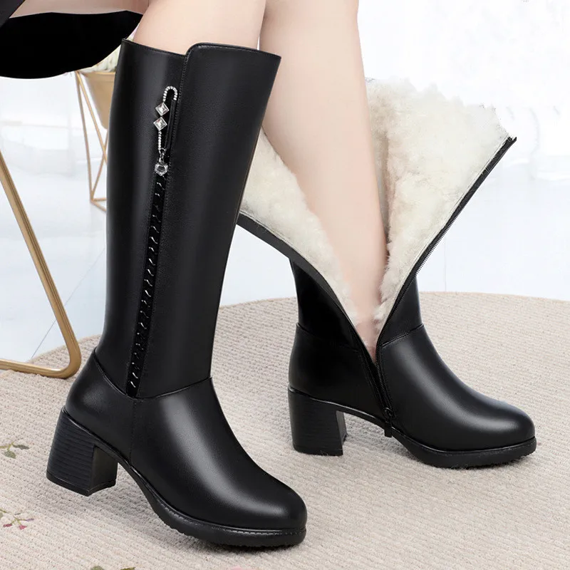 

Big Size 43 Shoes Women Winter Mid Calf Boots Genuine Leather Wool Warm Female Boots Round Toe Platform Shoes Zapatos de Mujer
