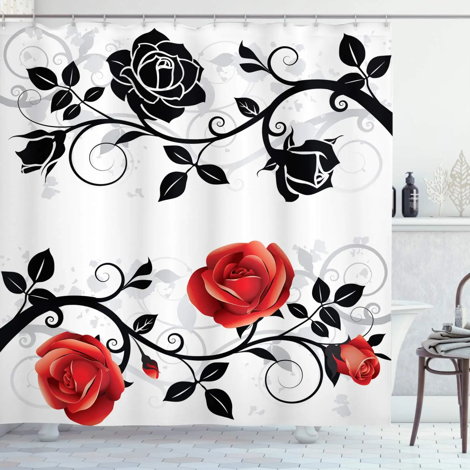 Красный и черный душ шторы абстрактный фон Цветочные Розы завитки Плюща с