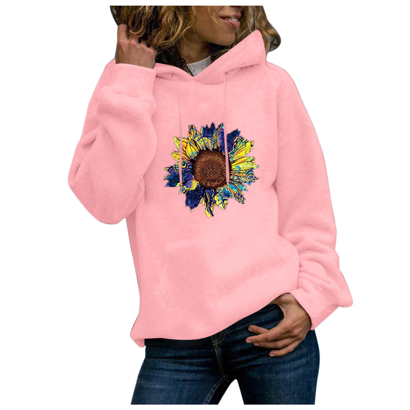 59# Oversized Hoodies Women Blouses Bottoming Hooded Long Sleeve Tops Loose Flower Printed Sweatshirt Girl Pullover Blouse