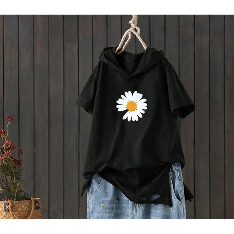 

Women T-shirt Summer 2021 New Fashion Plus Size Short Sleeve Loose Casual Hooded Tee Shirt Hole Cotton Femme Print Artistic Tops