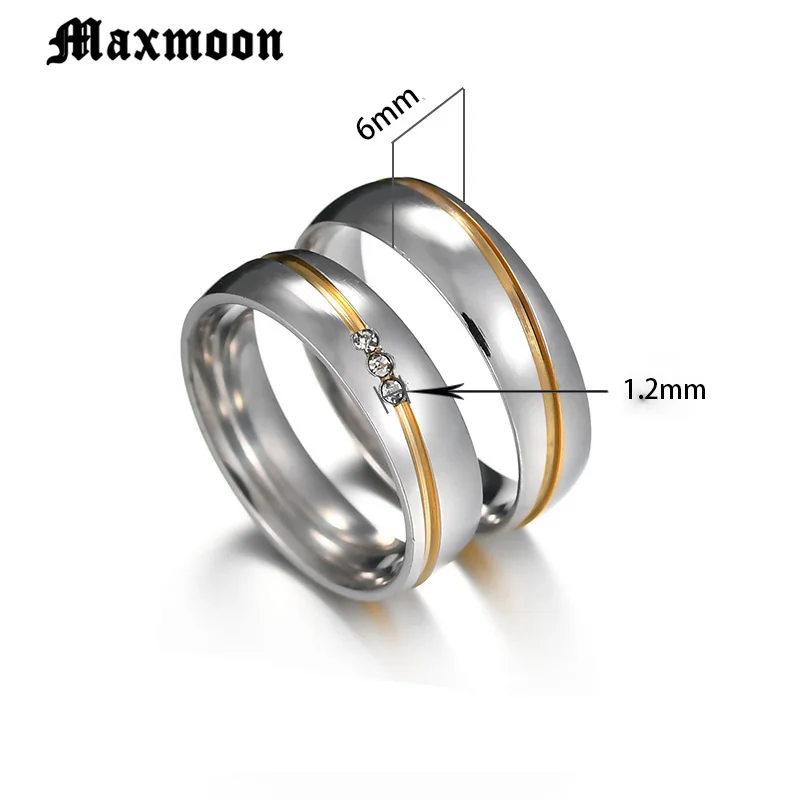 Maxmoon 2019 New Gold color Stainless Steel Wedding Bands Shiny Crystal Ring for Female Male Jewelry 6mm Engagement | Украшения и