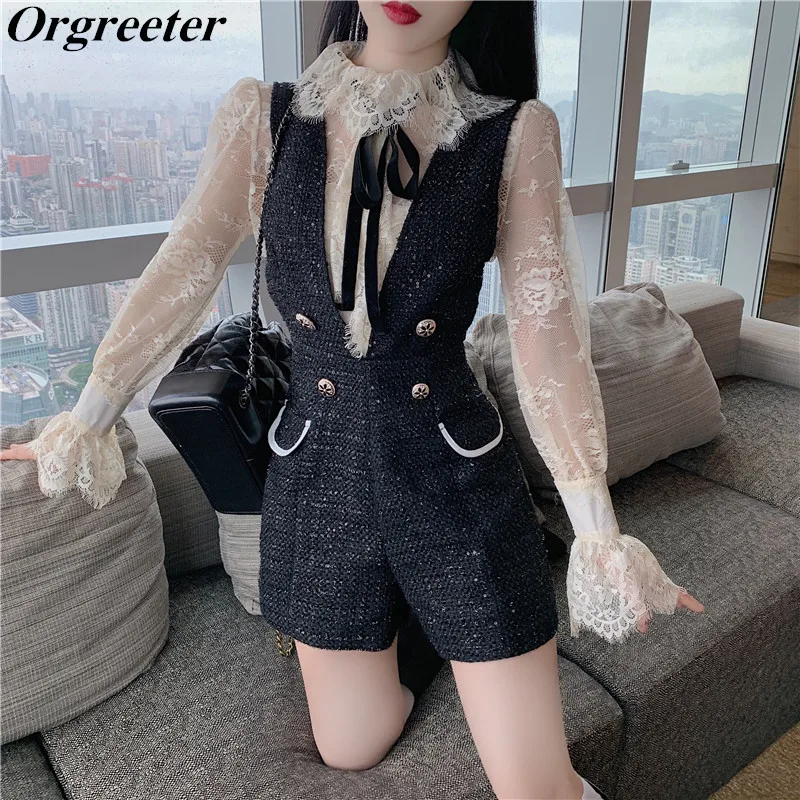 

Fall New Sexy See Though Lace Shirt Jumpsuits Two piece set Women Ribbon Bow Flare sleeve Lace Blouse Tweed Short Playsuit Sets