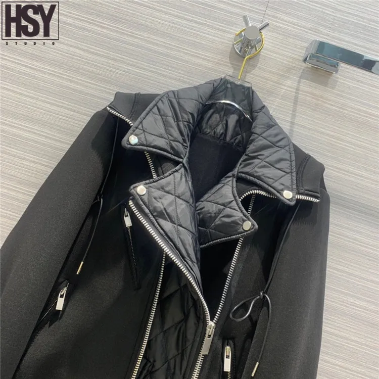 【HSY】 Новая Осенняя модная Женская Стеганая мотоциклетная куртка космическая хлопковая Лоскутная имитация двух частей ромбическое пальто с капюшоном 2 цвета