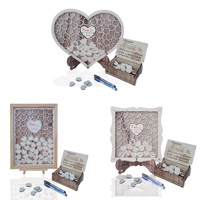 

Wooden Personalized Wedding Guest Book Frame Alternative Carving Heart Shape Sign with Box Rustic Birthday Party Decor