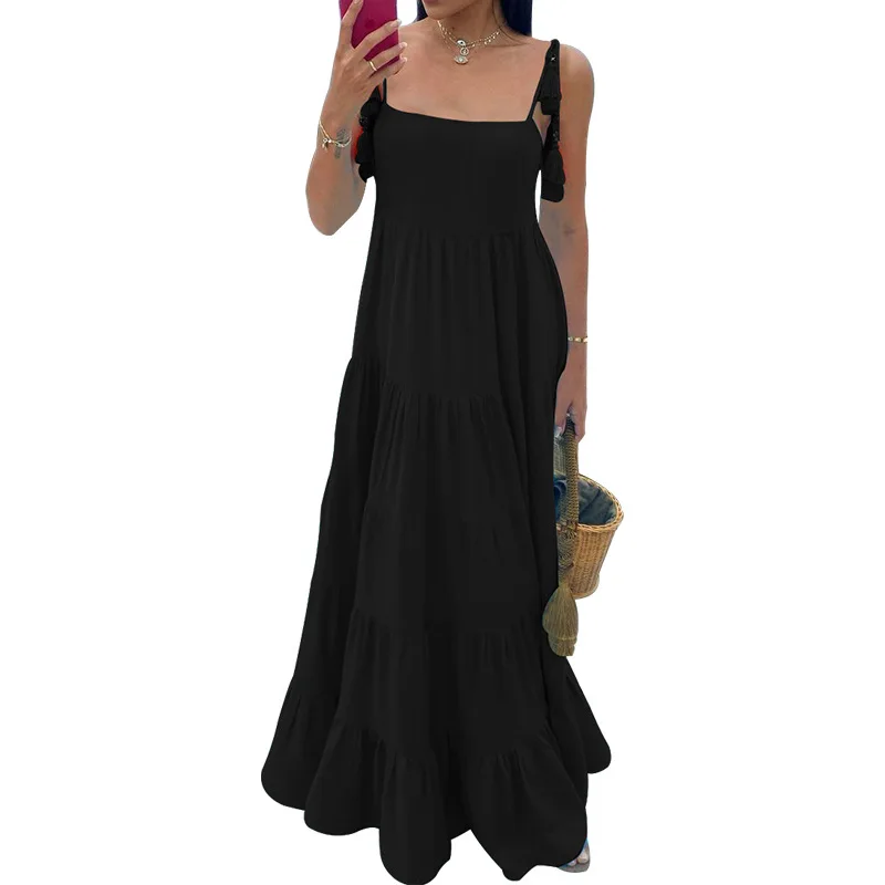 

Lady Solid Color Loose Suspender Dress Bohemian Dress Leisure Beach Dress Lace-up Shoulder Tassel Strap Maxi Dresses for Women