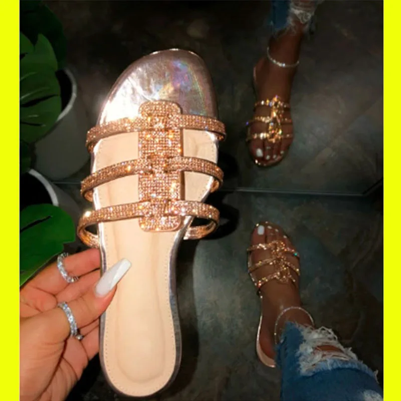 2020 летние женские тапочки модные хрустальные пляжные плоские туфли шлепанцы