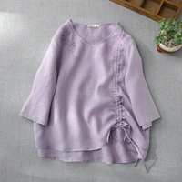 spring autumn new women loose plus size embroidery comfortable water washed thin ramie pullover v neck shirtsblouse