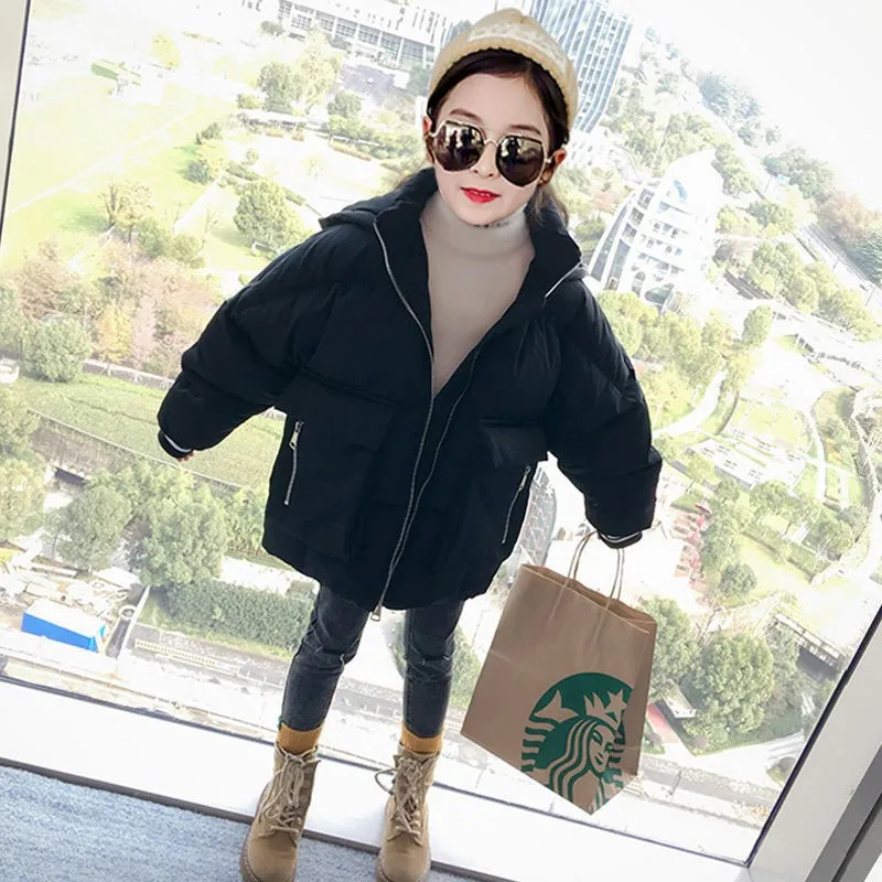 

New Winter Girls Hooded Mid-Length Jackets Thick Warm Children Solid Color Coats Kids Teenager Hairy Windproof Bread Service