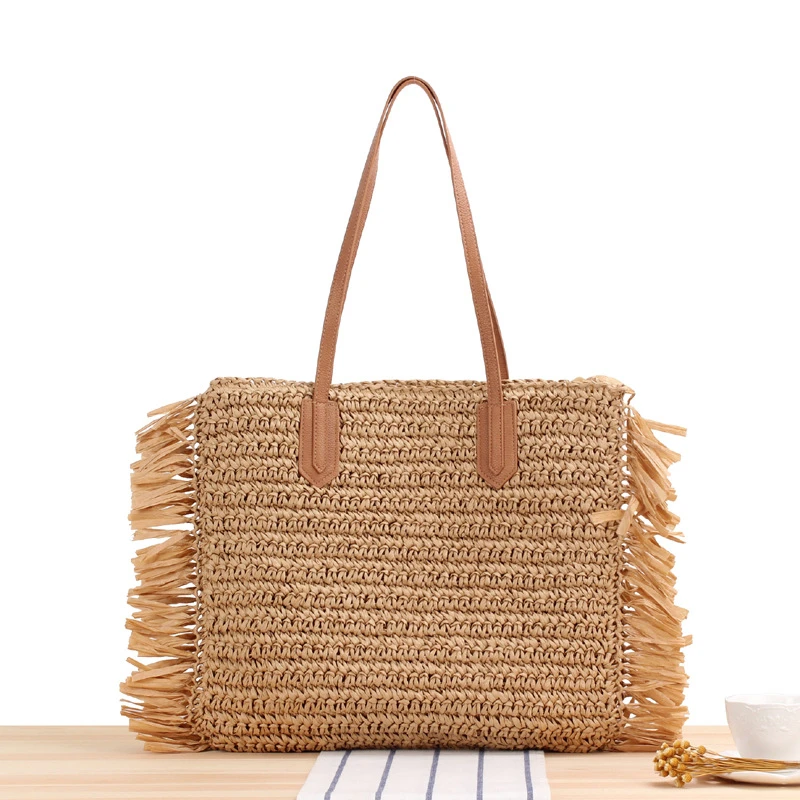 

2021 Summer Beach Bags For Women High Capacity Ladies Handbag For Vacation PU Handle Straw Bag With Tassel Shoulder Bags Gift