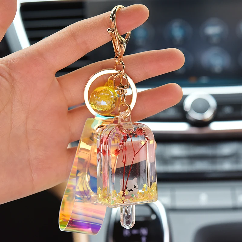 

New Creative Glitter Key Chain Quicksand Keychain Liquid Floating Ice Cream Keyring Backpack Pendant Couples Gift Jewelry EH148