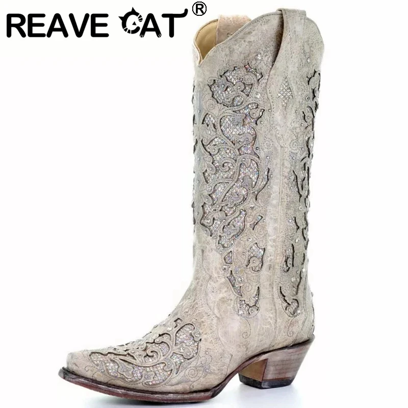 

REAVE CAT 2021 Fashion Knee High Mid Calf Boots Shiny Pointed Toe Crystal Design Soft Party Strange Round Heel US12 White A4368
