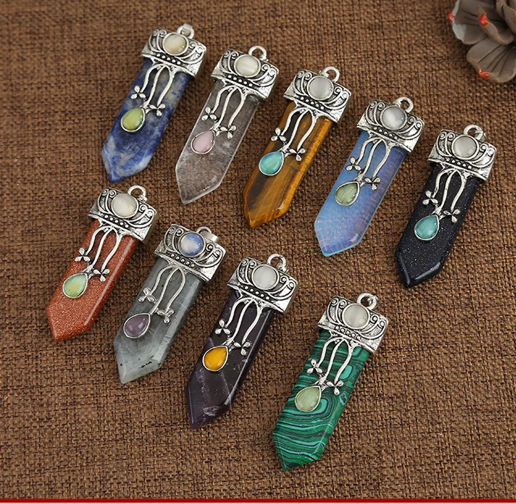 

Natural Gemstone Crystal Agate Bullet Hexagon Pillar Necklace Pendant Wholesale Quartz Point Pendant Buddha Necklace