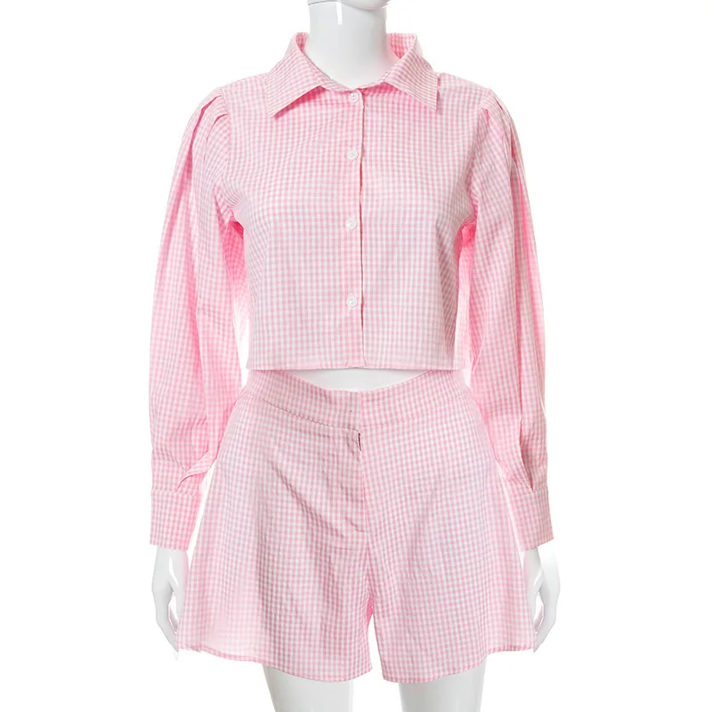 

hirigin Fashion Plaid Print 2 Piece Crop Top Shirts Shorts Sets Women Matching Sets Fall 2021 Two Piece Outfits