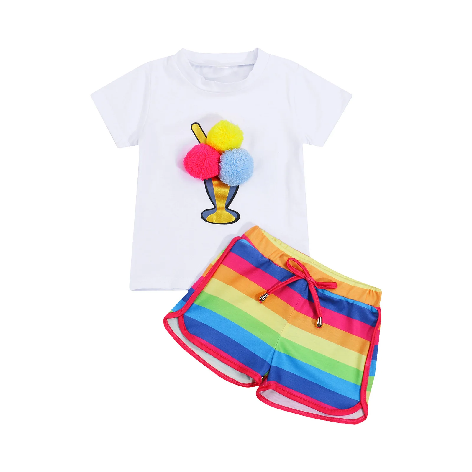

Summer O-Neck Short Sleeve Pullover+ Rainbow Striped Shorts for Girls, 1-6 Years 2 Pieces Kids Suit Set 2021 Summer