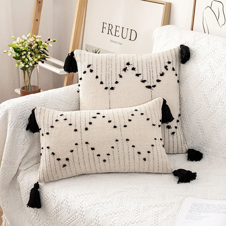 

Nordic Cotton Canvas Tufted Embroidery Modern Cushion Cover With Tassel Throw Pillowcover Home Sofa Decorative Pillowcase 40681