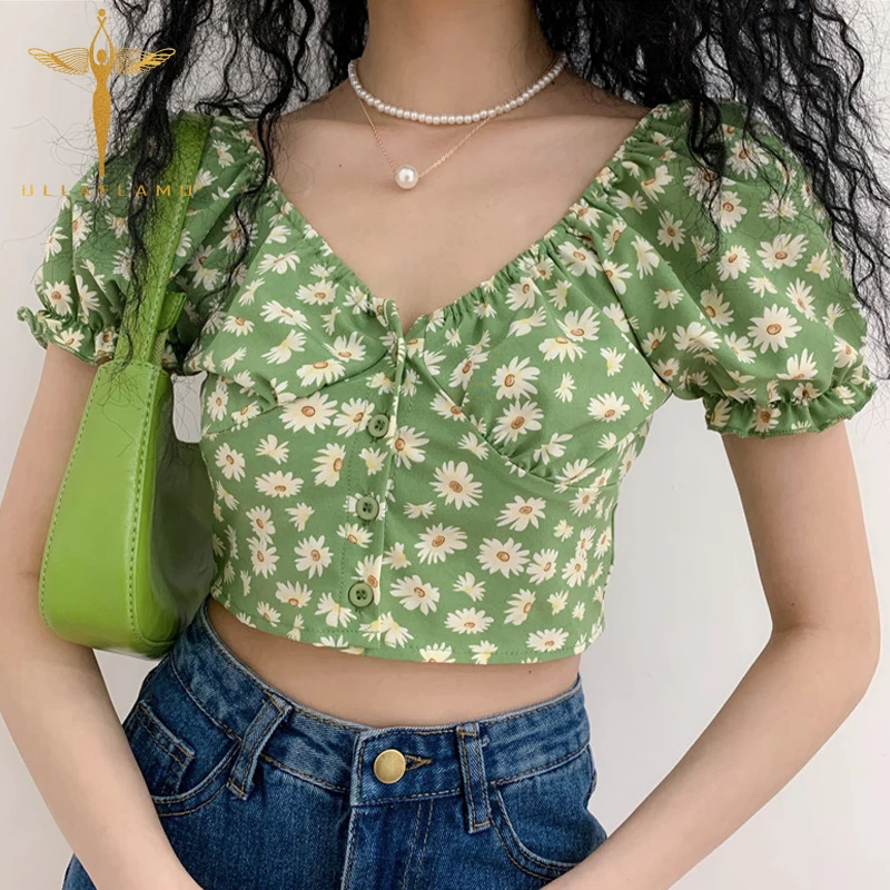

Vintage V-neck Bubble Short-Sleeve Women T-Shirt Flower Print Kawaii Cropped Tops Button Ruffle High Street Retro Female T Shirt