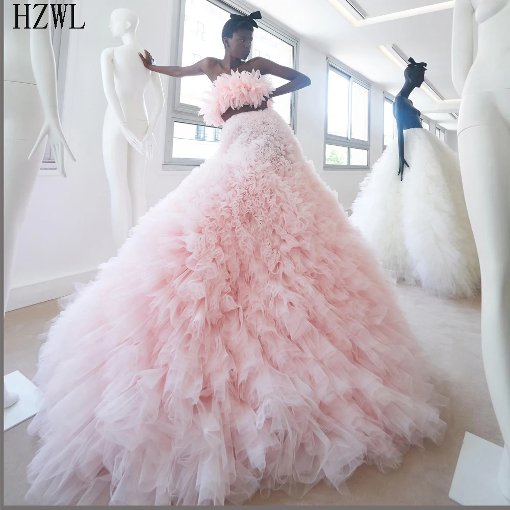 

Light Pink Tulle Ball Gown Prom Dresses 2020 вечерние платья Strapless Ruffle Tiered Two Pieces Dress Floor Length Zipper Back