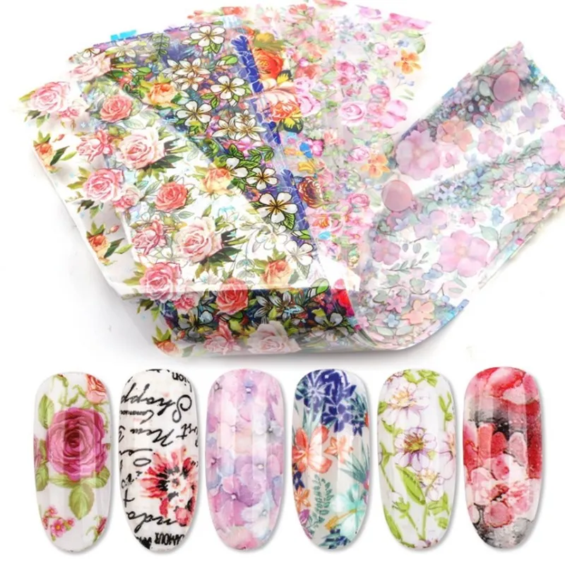 

12Pcs Stickers For Nail Foil Nail Art Mix Rose Flower Transfer Foil Paper Decoration Manicure Design UV Gel Polish Slider T0689