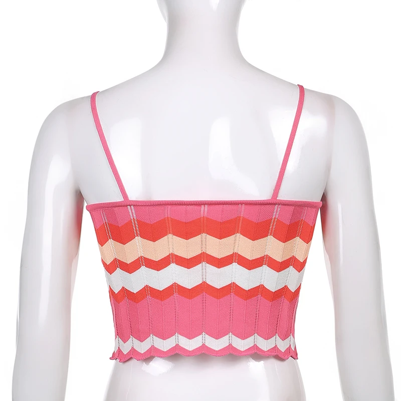 

Knitted Striped Bandage Tie Up Y2k Camis Crop Tops For Girls Casual Women Corset 2021Summer Spaghetti Strap Tee V Neck Shirt