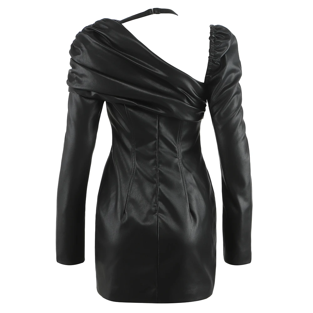 

New Arrival Women Sexy Long Sleeve Leather Black Mini Lady Dress 2021 Designer Fashion Bodycon Evening Party Dress Vestido