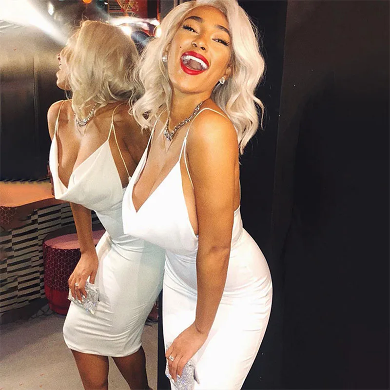 

LBONSTION 2021 Women Satin Pile collar Low-cut Sexy Dress Solid Straight Banquet Party Dress Elegant Female Summer club clothes