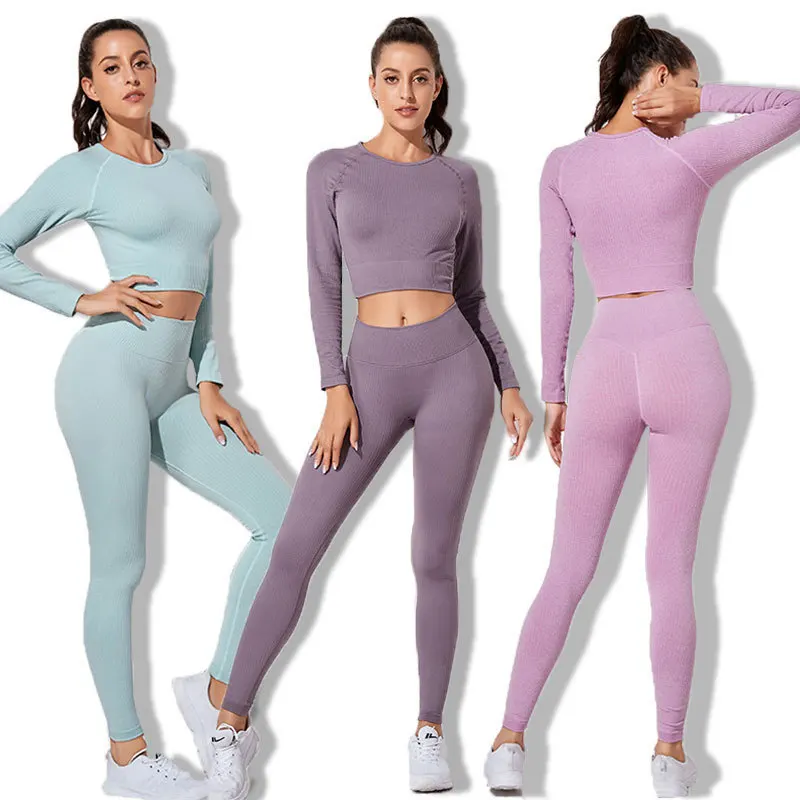 

2Pcs Women's Yoga Sets Breathable Jacquard Fitness Tops High Wasit Sports Leggings Outdoor Riding Roupas Femininas Women