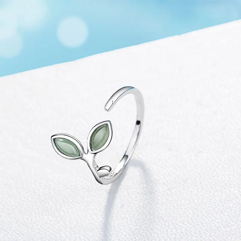 925 пробы серебро изысканные зеленая ветка листья Форма опал Регулируемые кольца