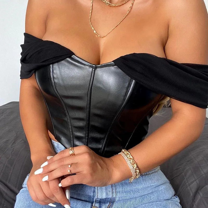 

Atoshare Women's Black Corset Pu Leather Off Shoulder Top Mesh Sleeve Gothic Zipper Camisole