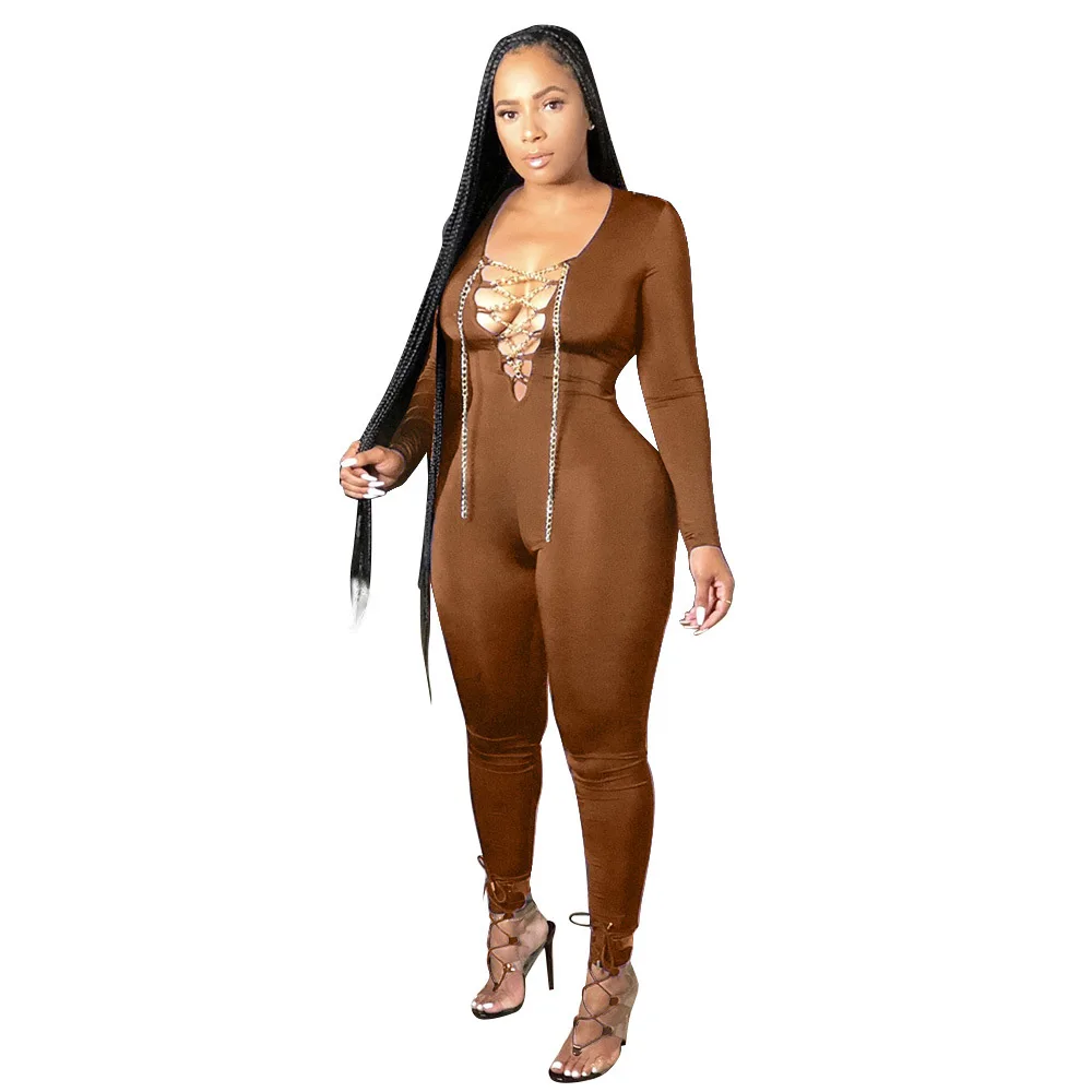 

Cutubly Jumpsuit For Women Sexy Club Night Party Romper Jumpsuit Autumn Lace Up V-neck Long Sleeve One Piece Hollow Out Overalls