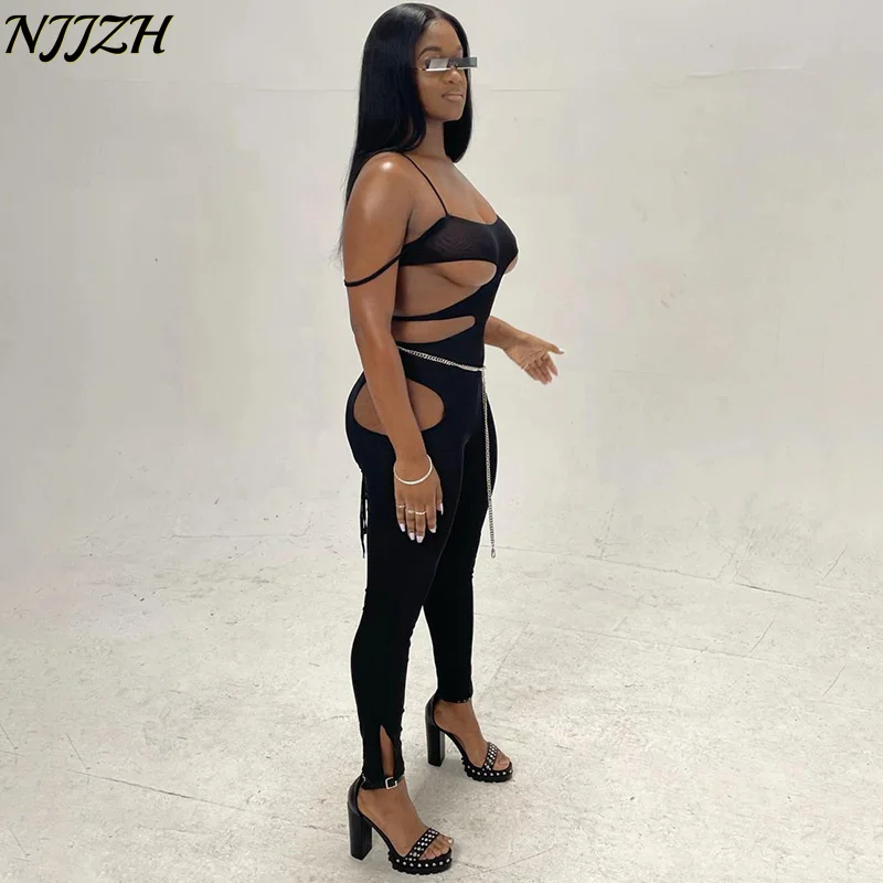 

NJJZH 2021 winter spring Fashion Women Solid Sexy Crewneck Sleeveless pack hip Hollow Out Net yarn Backless High Waist Jumpsuits