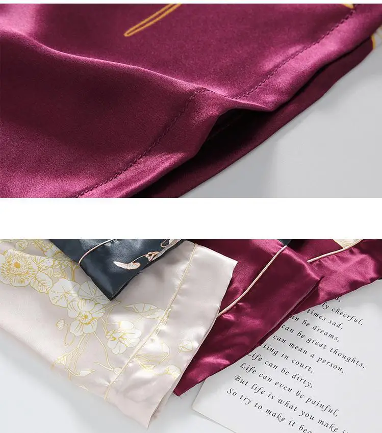 

Casual Women Pajamas Satin Two Piece Set Print Flower Loungewear Top&Trousers Summer New Bathrobe Homewear Pyjamas Pour Femme