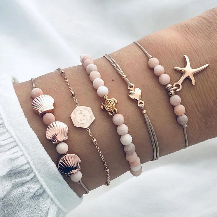 Набор женских браслетов DIEZI в богемном стиле с розовыми бусинами плетеные