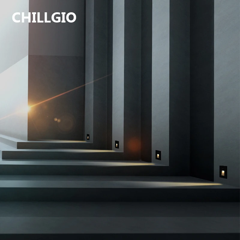 Светильник на ступеньки с датчиком движения CHILLGIO, водонепроницаемый для ночного освещения современного декора дома, встроенный в стену внутри помещения.