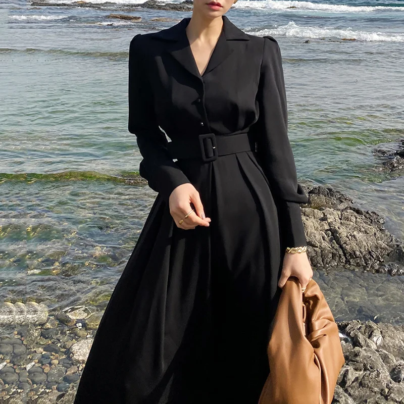 One Piece Dress Korean Chic Early Autumn Temperament Suit Collar Single Breasted Design High Waist Loose Windbreaker | Женская одежда