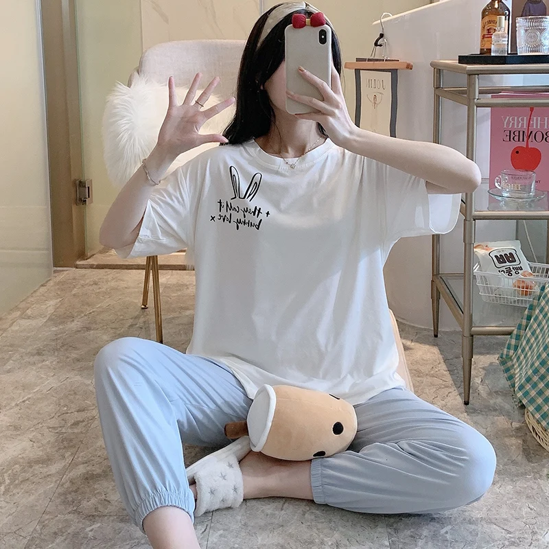 

Internet Hot Pajamas Women's Spring and Autumn Purified Cotton Thin Short Sleeve Trousers Two-Piece Suit Cute Korean Style Home