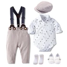 Весенне-осенний комплект одежды с длинными рукавами и принтом, рубашки Комбинезоны, одежда для маленьких мальчиков, комплект одежды для маленьких девочек, комбинезон + штаны + Кепка + носок + обувь