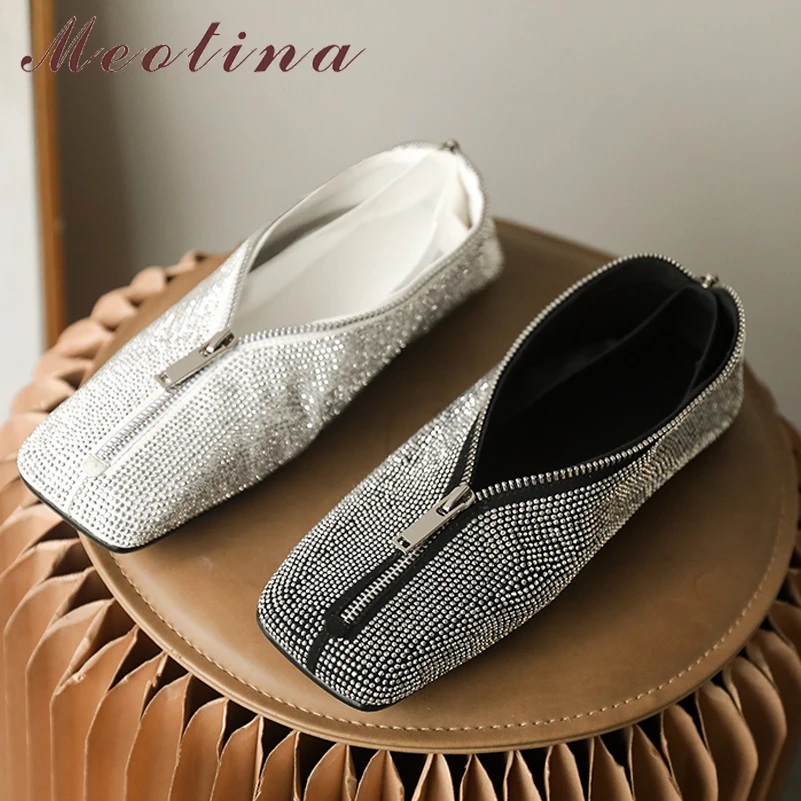 

Женские туфли на плоской подошве Meotina, повседневные туфли из натуральной кожи, с квадратным носком, на молнии, со стразами, черные