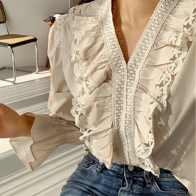Женская винтажная белая блузка с оборками кружевная элегантная хлопковая