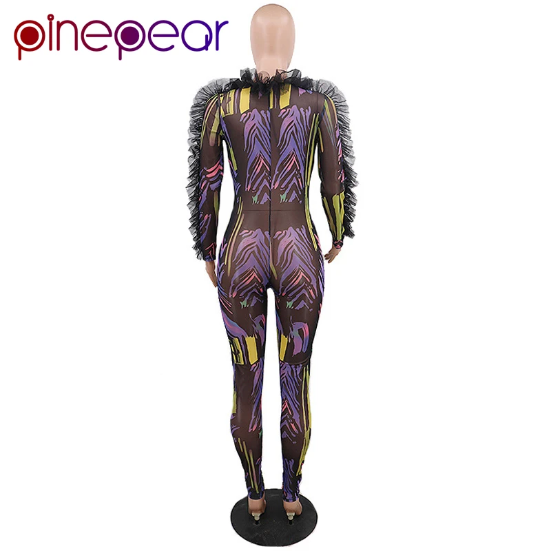 Женский комбинезон с длинным рукавом облегающий сетчатый оборками глубоким