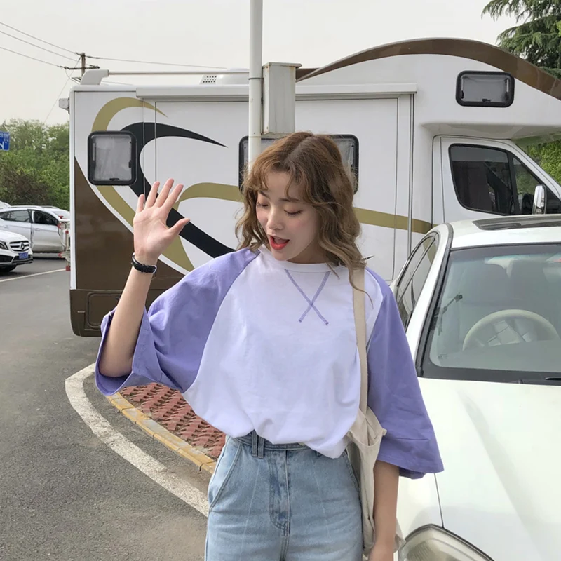 Футболка женская длинная свободного покроя в стиле пэчворк топ Харадзюку