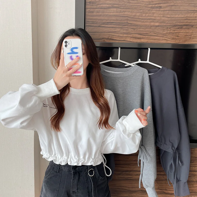 

Harajuku Style Top Women's 2021 Spring And Autumn New Short Loose Drawstring Long-sleeved All-match Sweater Wn*