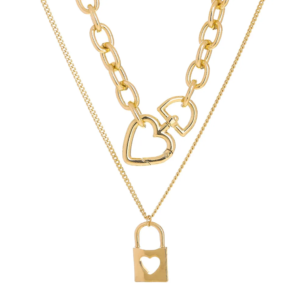 

INS Love Heart Necklace Lock-Shaped Hollow Metal Thick Chain Clavicle Chain Multi-Layer Necklace